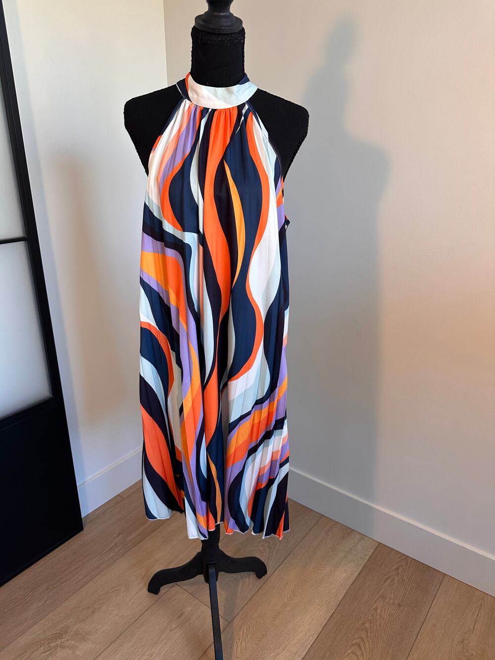 Stunning Retro Pleated Colorful Swirl Halter Dress Size Large